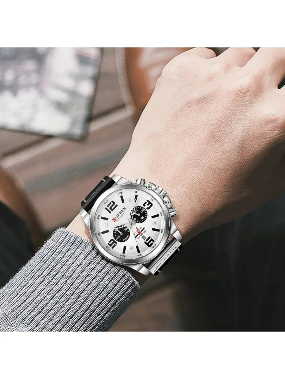 Mens Black And Silver Analog Leather Strap Sandwich Dial Chronograph Wrist Watch